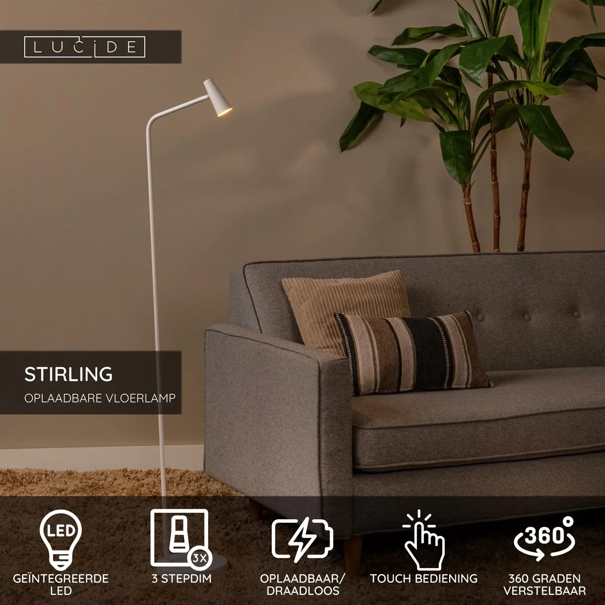Lucide Stirling Oplaadbare Vloerlamp 3W - Wit