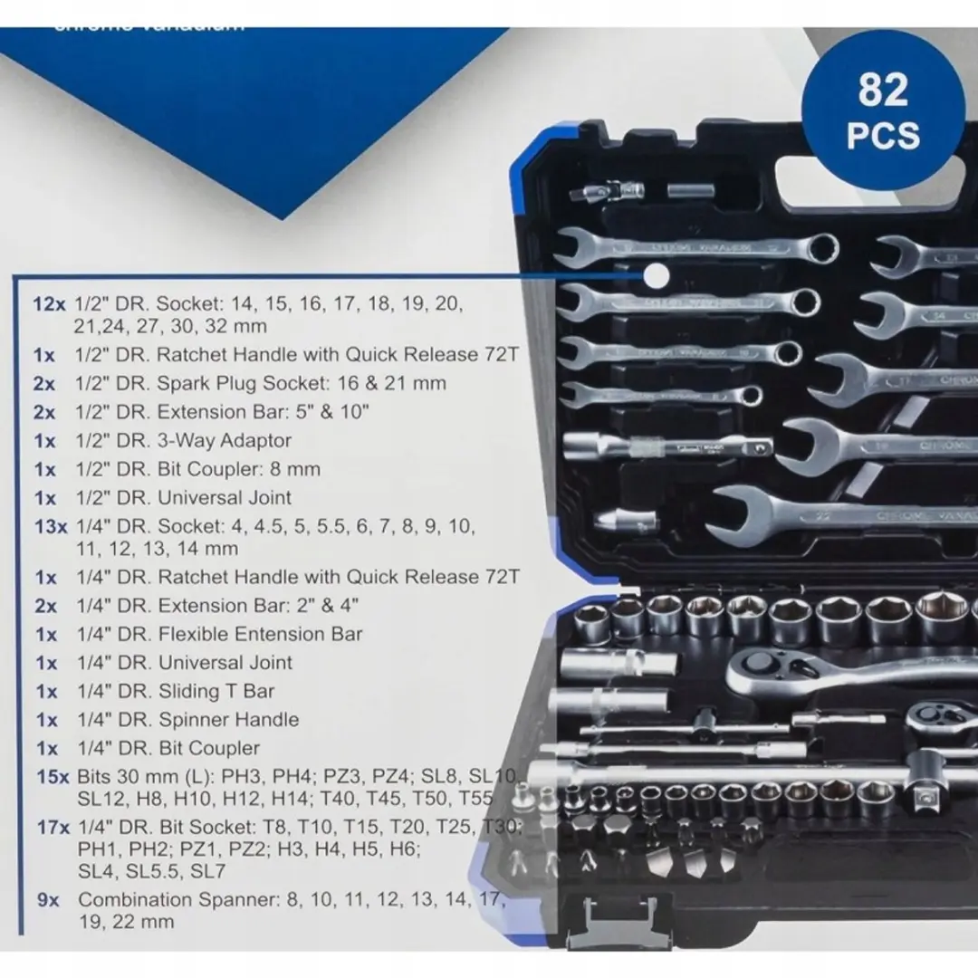 Scheppach Dopsleutelset 82-delig CRV-staal - Blauw/Zwart