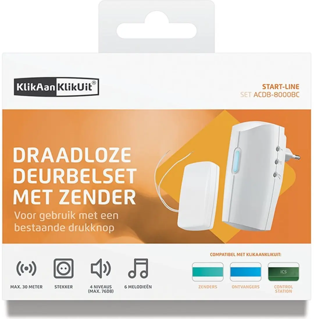 KlikAanKlikUit ACDB-8000BC Deurbelset - 1 Ontvanger - 6 Melodieën - Wit