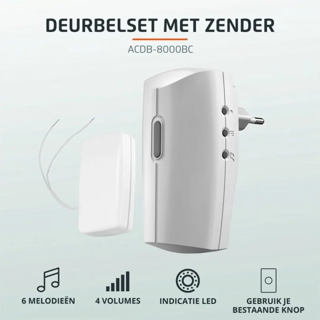 KlikAanKlikUit ACDB-8000BC Deurbelset - 1 Ontvanger - 6 Melodieën - Wit