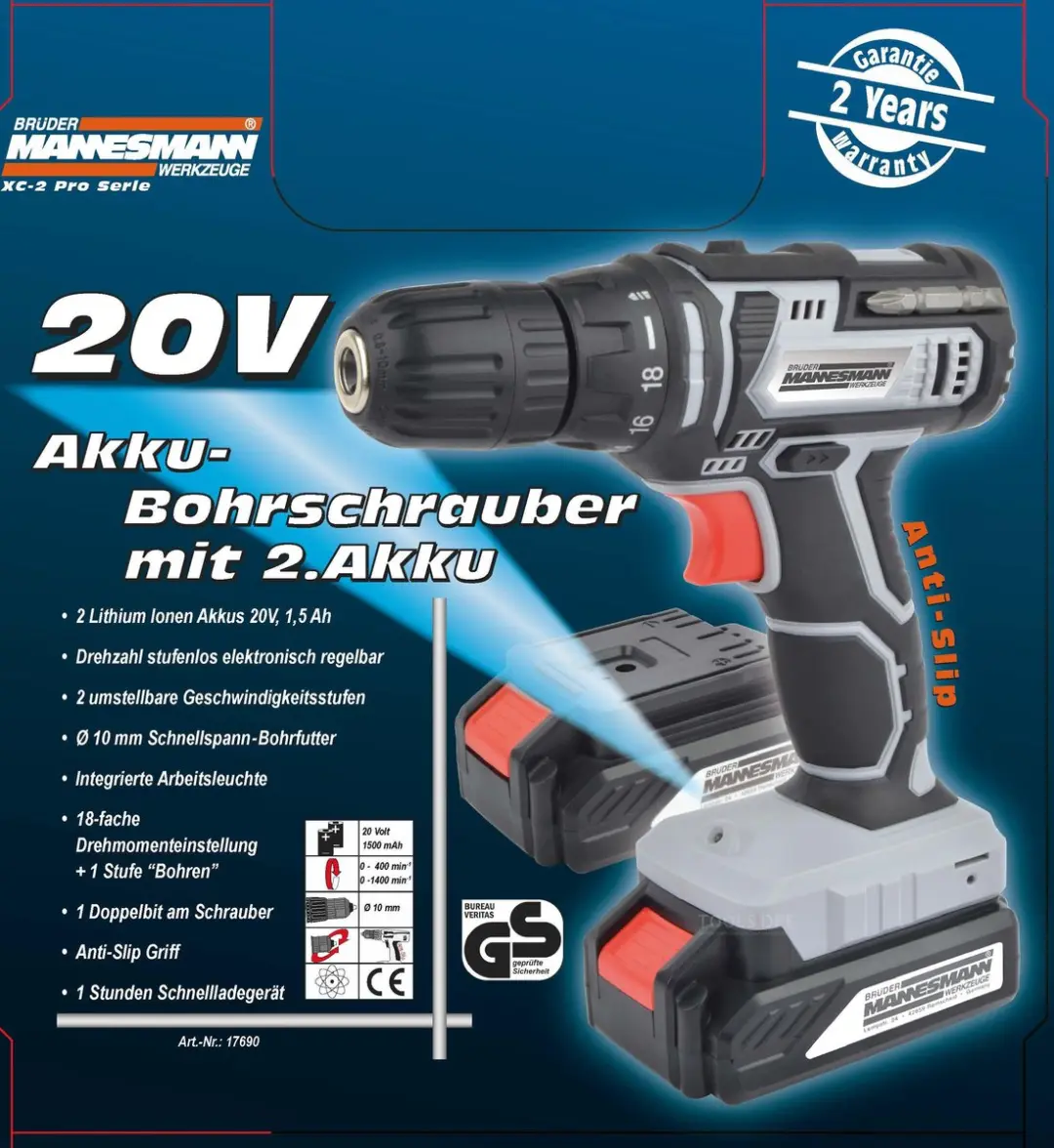 Brüder Mannesmann 17690 Accuboorschroefmachine 2x20V - 2x 1500mAh - 18 standen