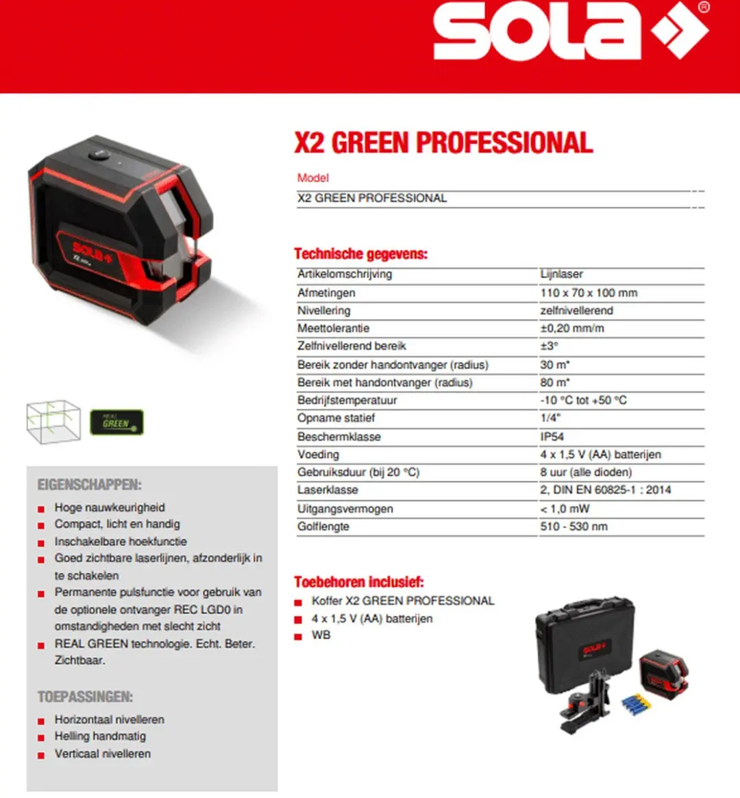 Sola X2 Green Professional Kruislijnlaser 71014101 - 30m