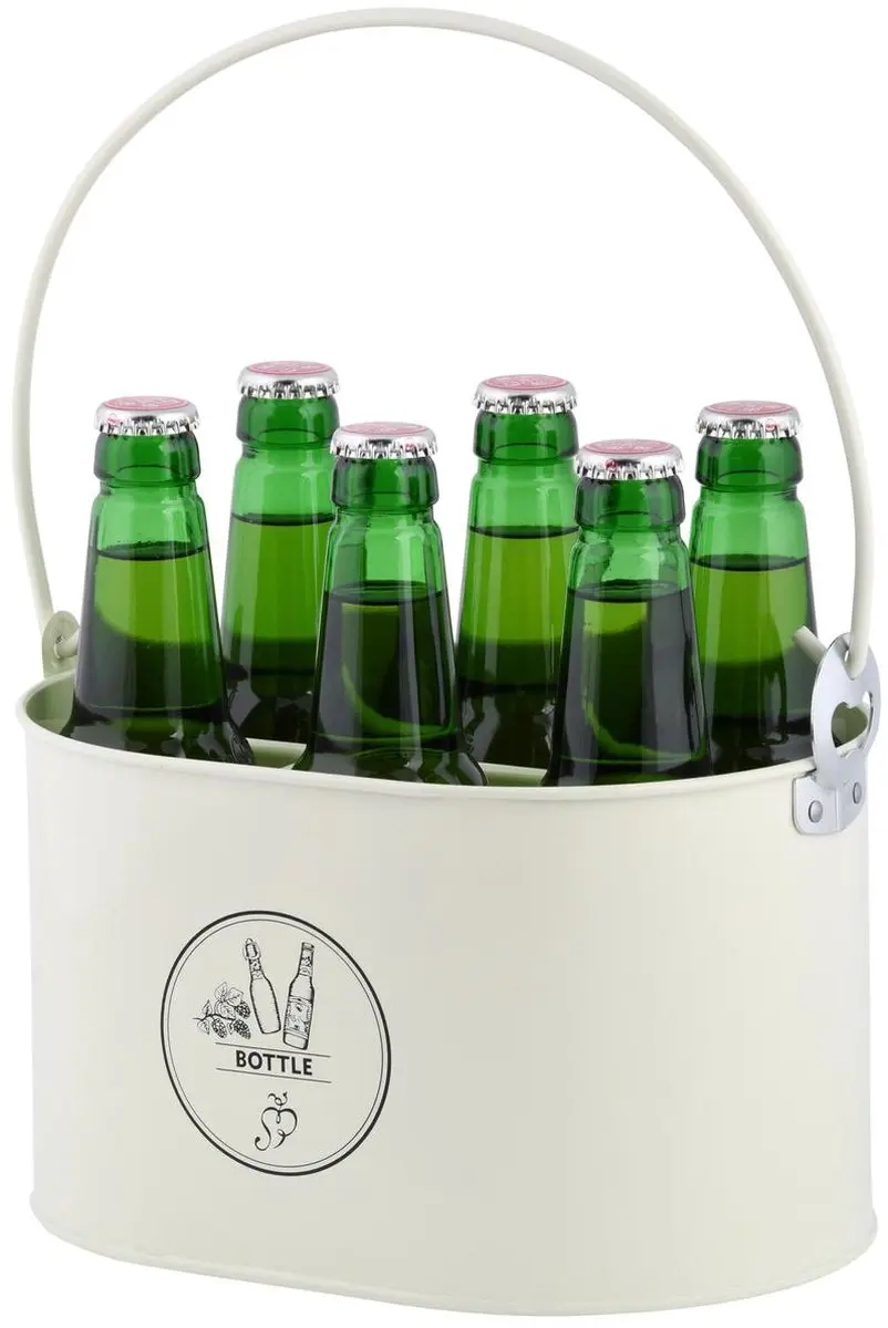 Esschert Design Flessenkrat met opener - 6 Flesjes - Crème Wit