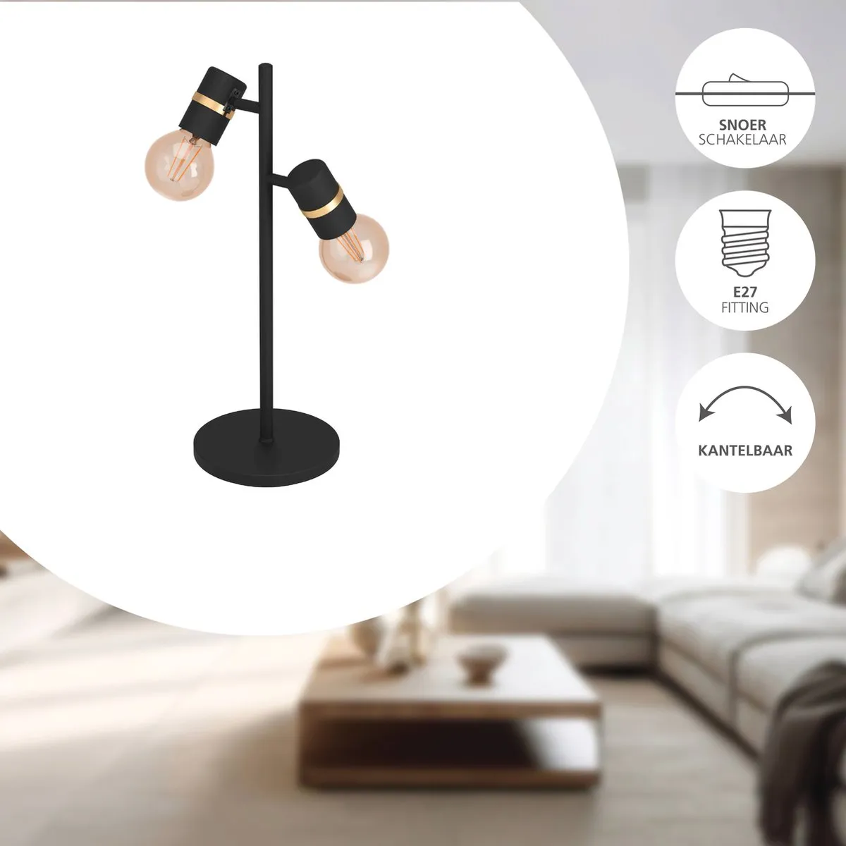 Eglo Lurone Tafellamp E27 - 50cm - Zwart/Goud