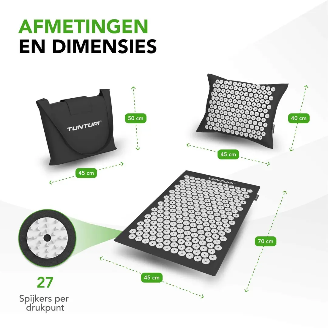 Tunturi Eco Spijkermat met Kussen - Acupressuur 68x42cm - Zwart