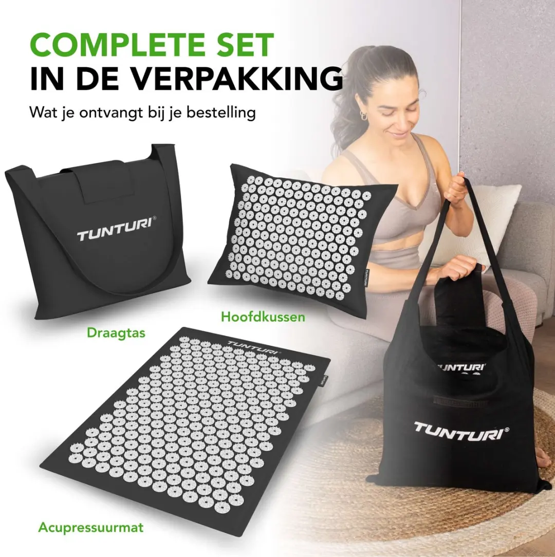 Tunturi Eco Spijkermat met Kussen - Acupressuur 68x42cm - Zwart