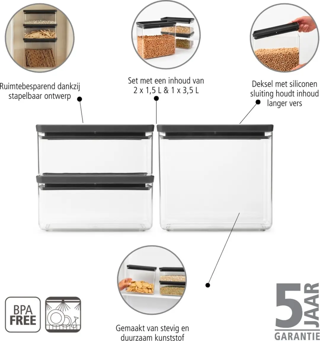 Brabantia Tasty+ Voorraadbussen 6,5L - 6 Stuks - Dark Grey