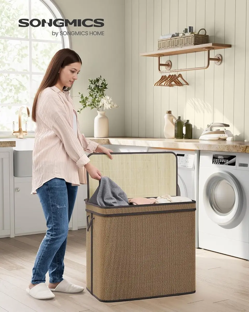 Songmics LCB069K01 Wasmand met deksel 170L - 3-delig bruin