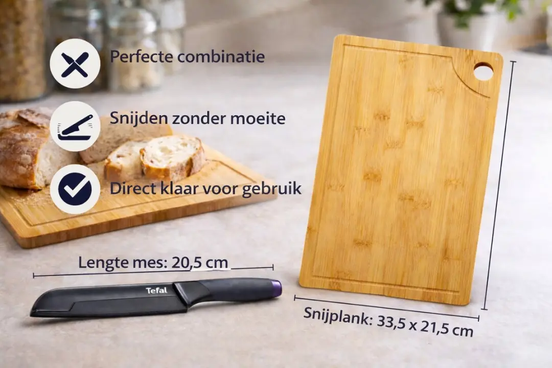 Tefal Broodmes 20,5cm + Bamboe Snijplank 33,5x21,5cm - 2-delig