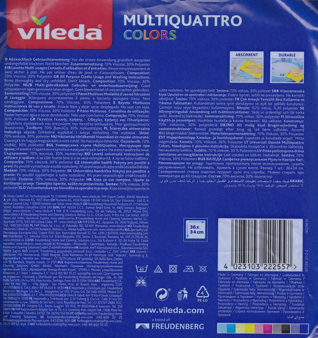 Vileda Sponsdoek 36x34cm - 4 Stuks - 4 Kleuren