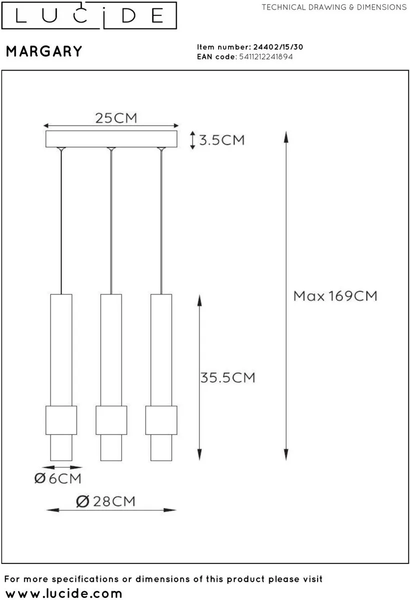 Lucide MARGARY Hanglamp - Ø28cm - 3x4W 2700K - Zwart - afbeelding 6 van 6