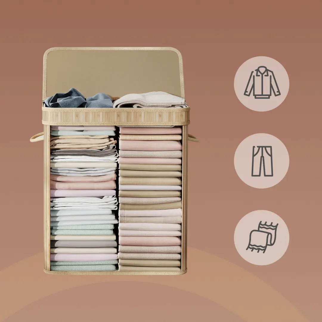 Songmics Wasmand Wassorteerder Bamboe 100L - Beige - afbeelding 6 van 6