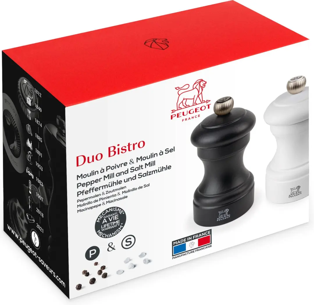 Peugeot Bistro Peper- en Zoutmolen 10cm - Mat Zwart/Wit - Beukenhout