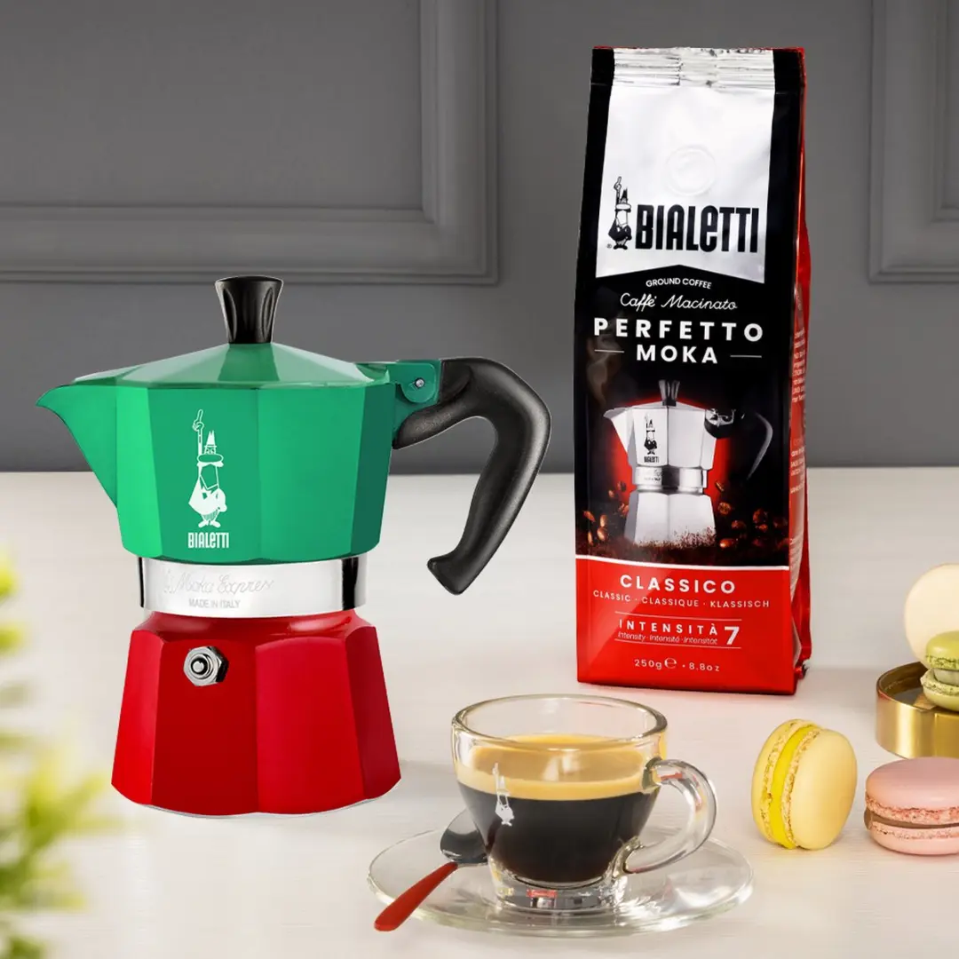 Bialetti Moka Express Italia 3 Kops - Aluminium - Groen/Zwart/Rood
