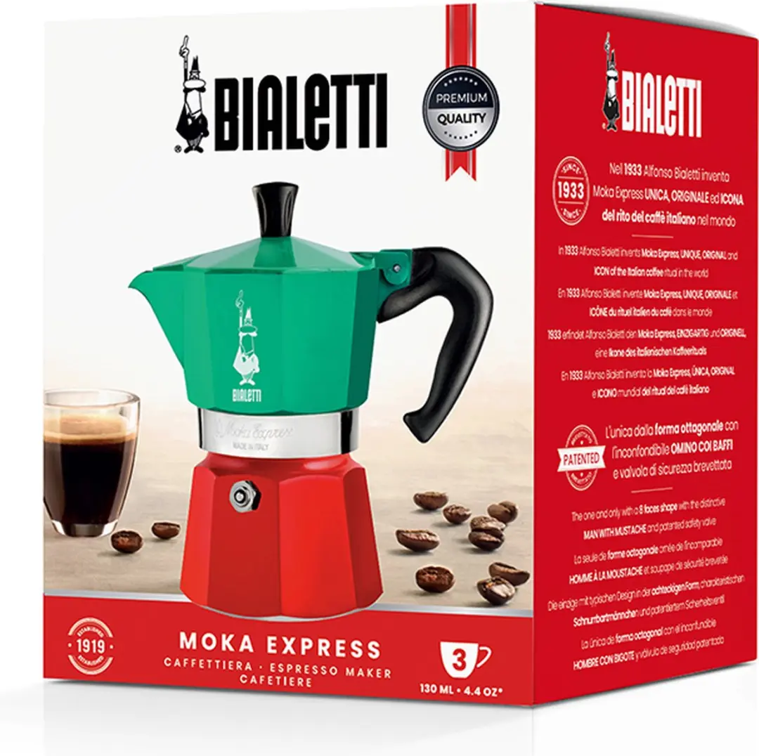 Bialetti Moka Express Italia 3 Kops - Aluminium - Groen/Zwart/Rood - afbeelding 6 van 6
