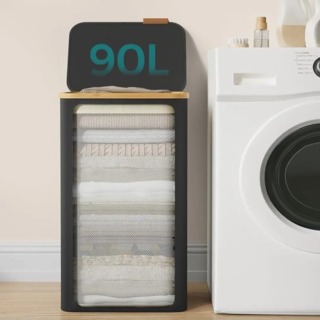 Songmics Wasmand met Bamboe Deksel 90L - Opvouwbaar - Zwart