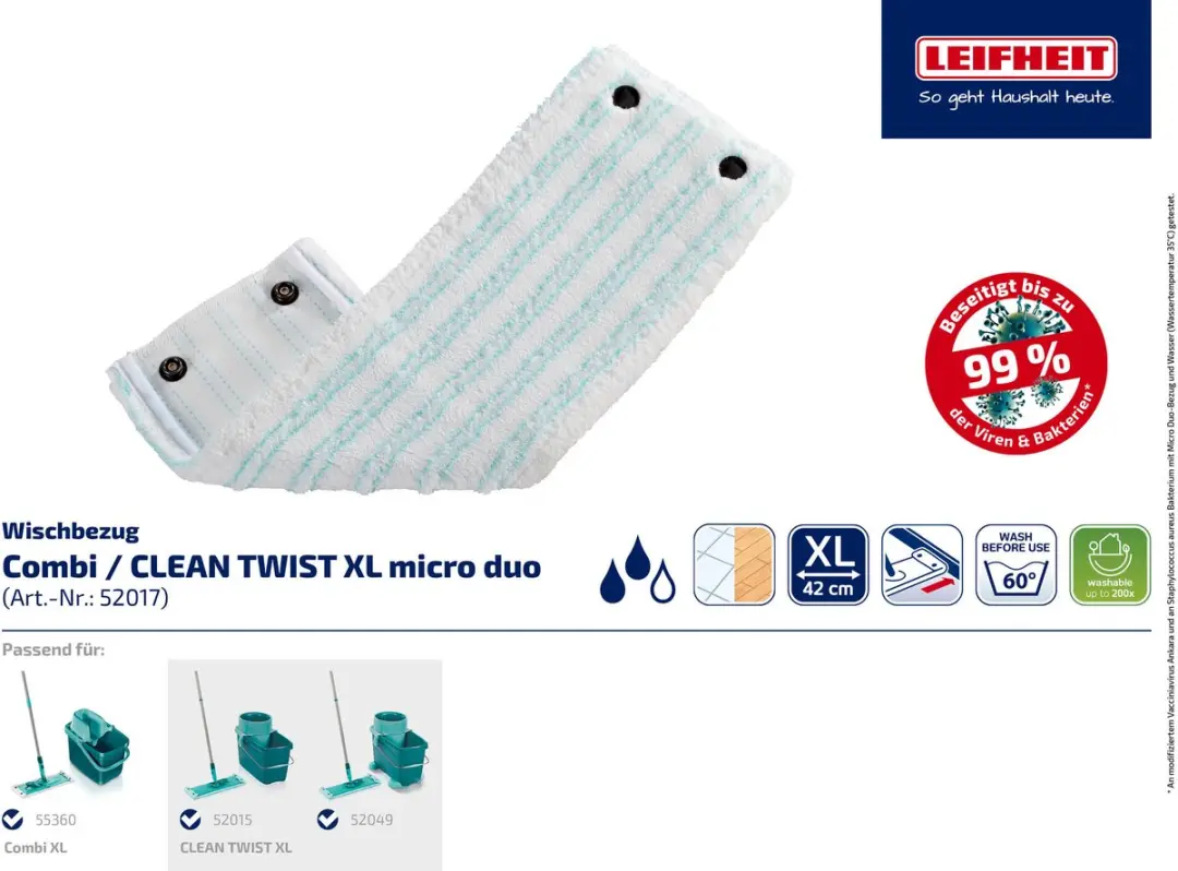 Leifheit Clean Twist XL Vloerwisserdoek Micro Duo 42cm - 2 Stuks - Wit/Turkoois