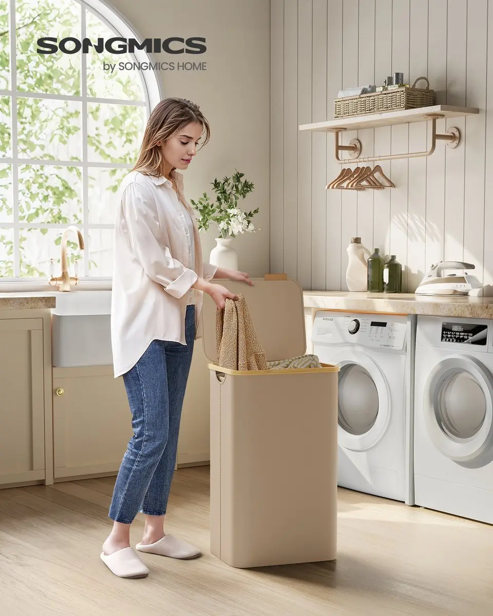 Songmics LCB509N01V1 Wasmand 90L - 4 Vakken - Opklapbaar Deksel