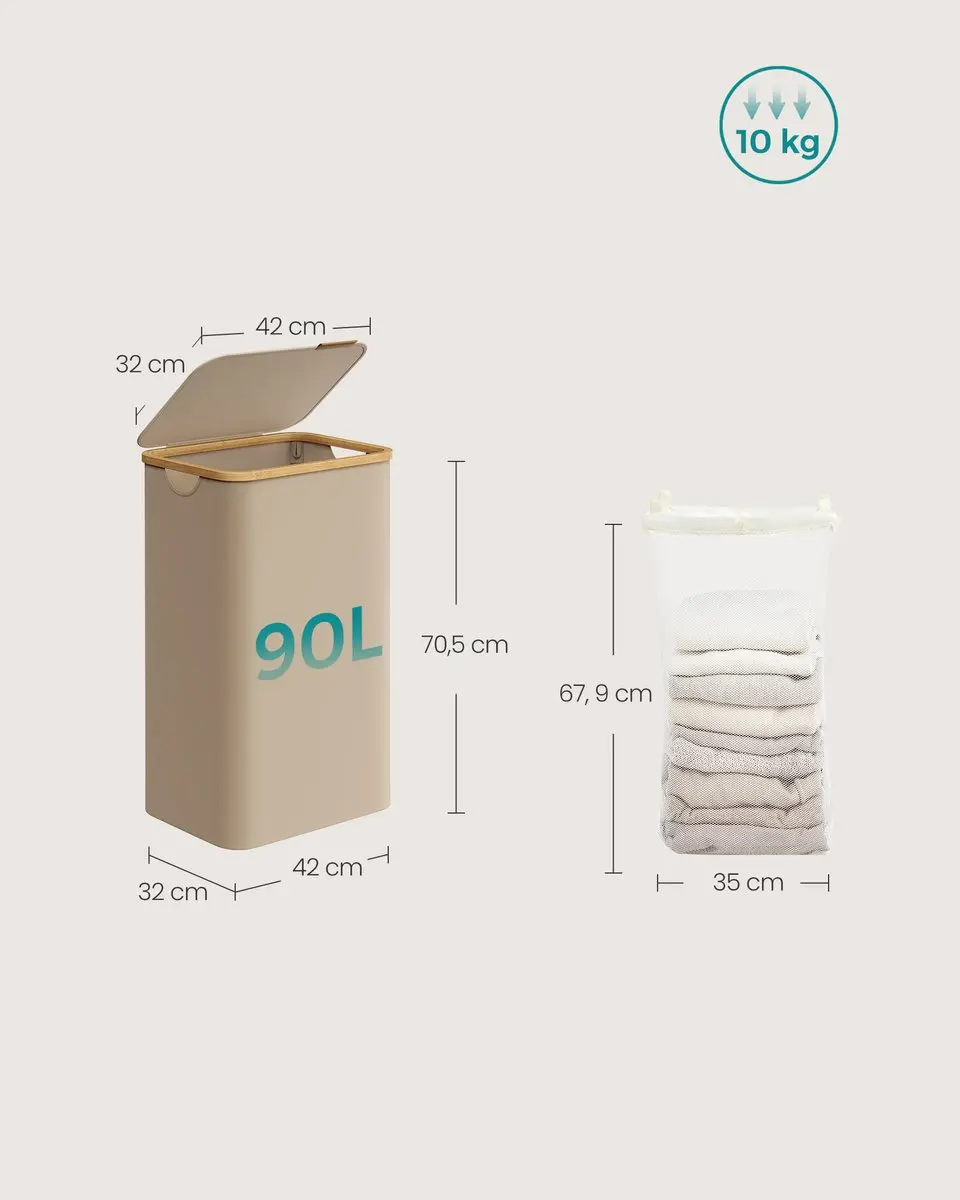 Songmics LCB509N01V1 Wasmand 90L - 4 Vakken - Opklapbaar Deksel
