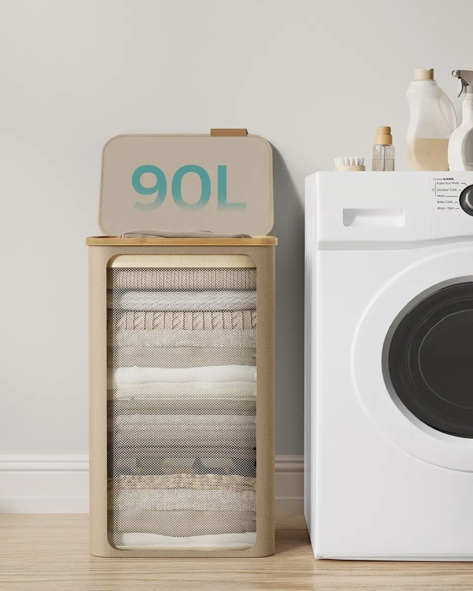 Songmics LCB509N01V1 Wasmand 90L - 4 Vakken - Opklapbaar Deksel