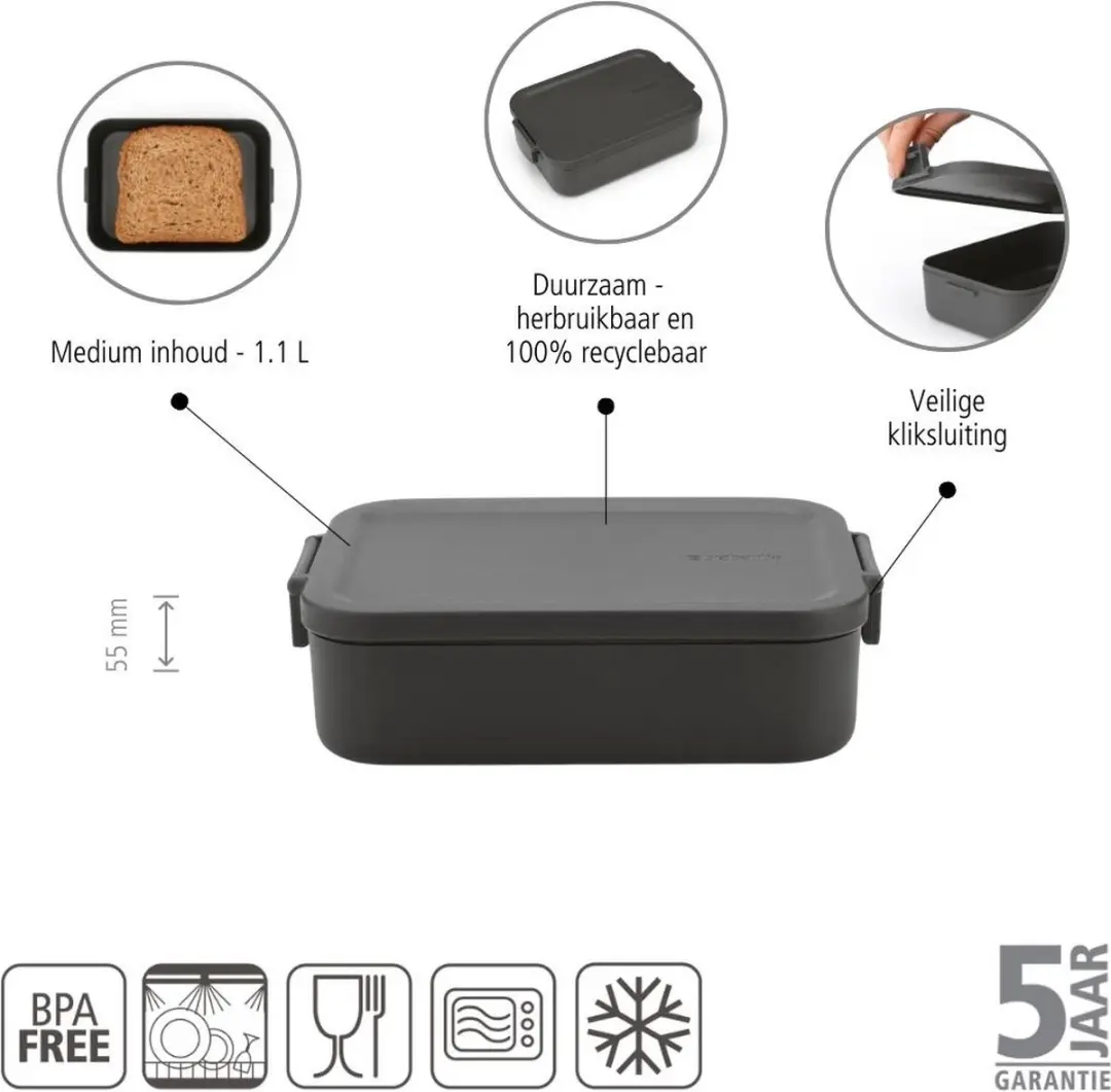 Brabantia Make & Take Lunchbox Medium 1.1L - 2-delig - Dark Grey