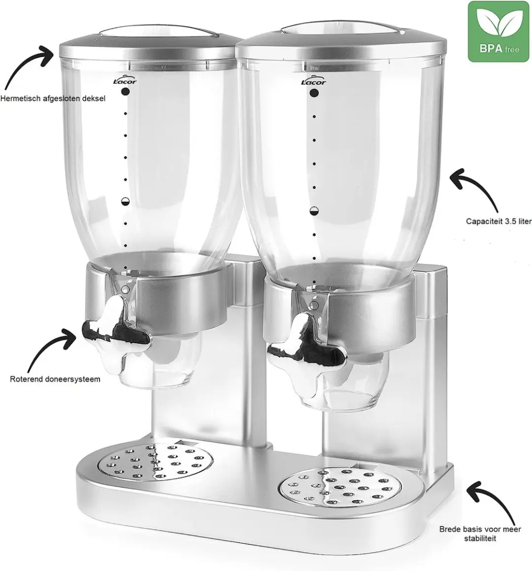 Lacor 62597 Ontbijtgranen Dispenser - 2x3,5L Transparant/Zilver