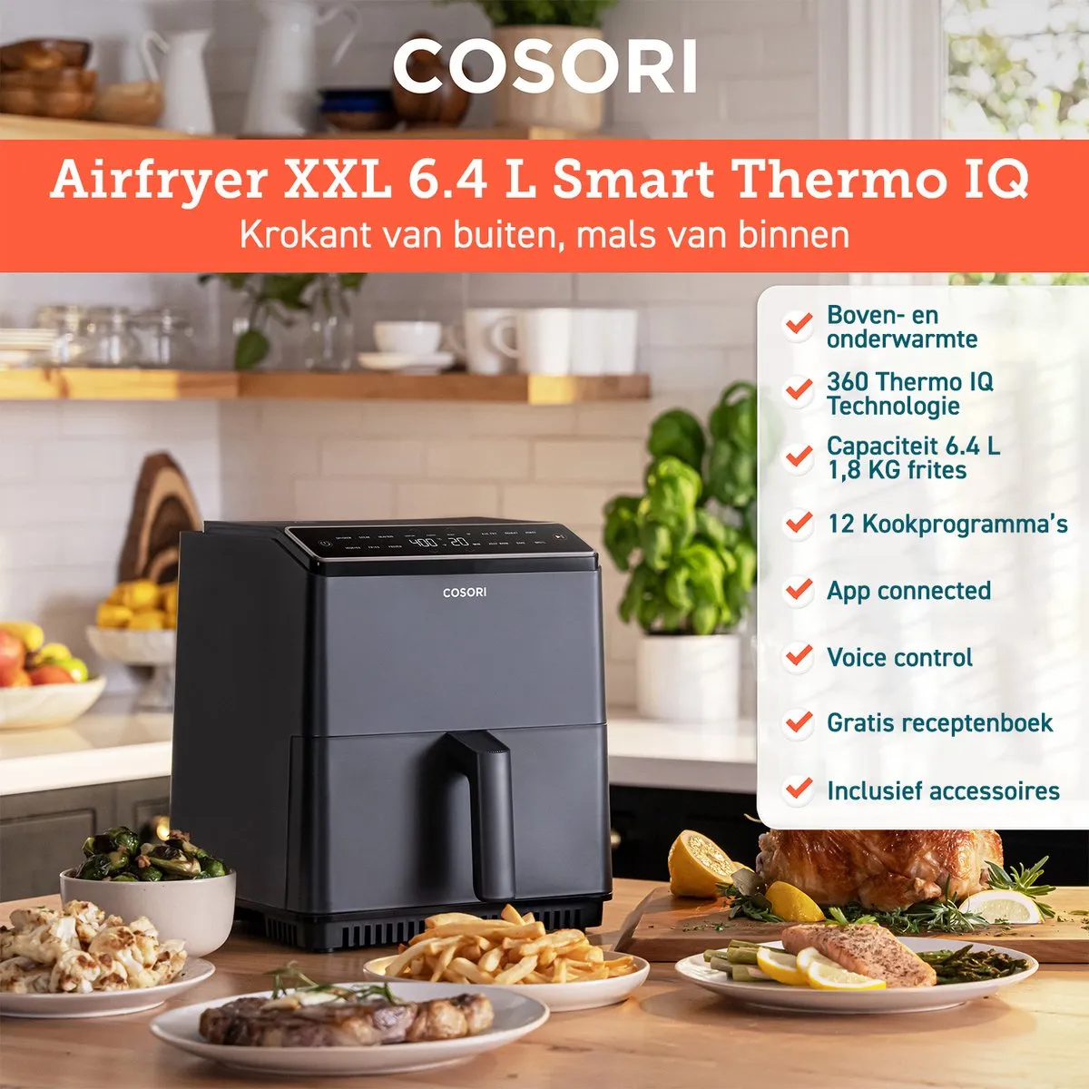 Cosori Dual Blaze Airfryer - XXL Heteluchtfriteuse 6.4 liter - 12 programma's - Boven & onderwarmte - App connectie - Antraciet