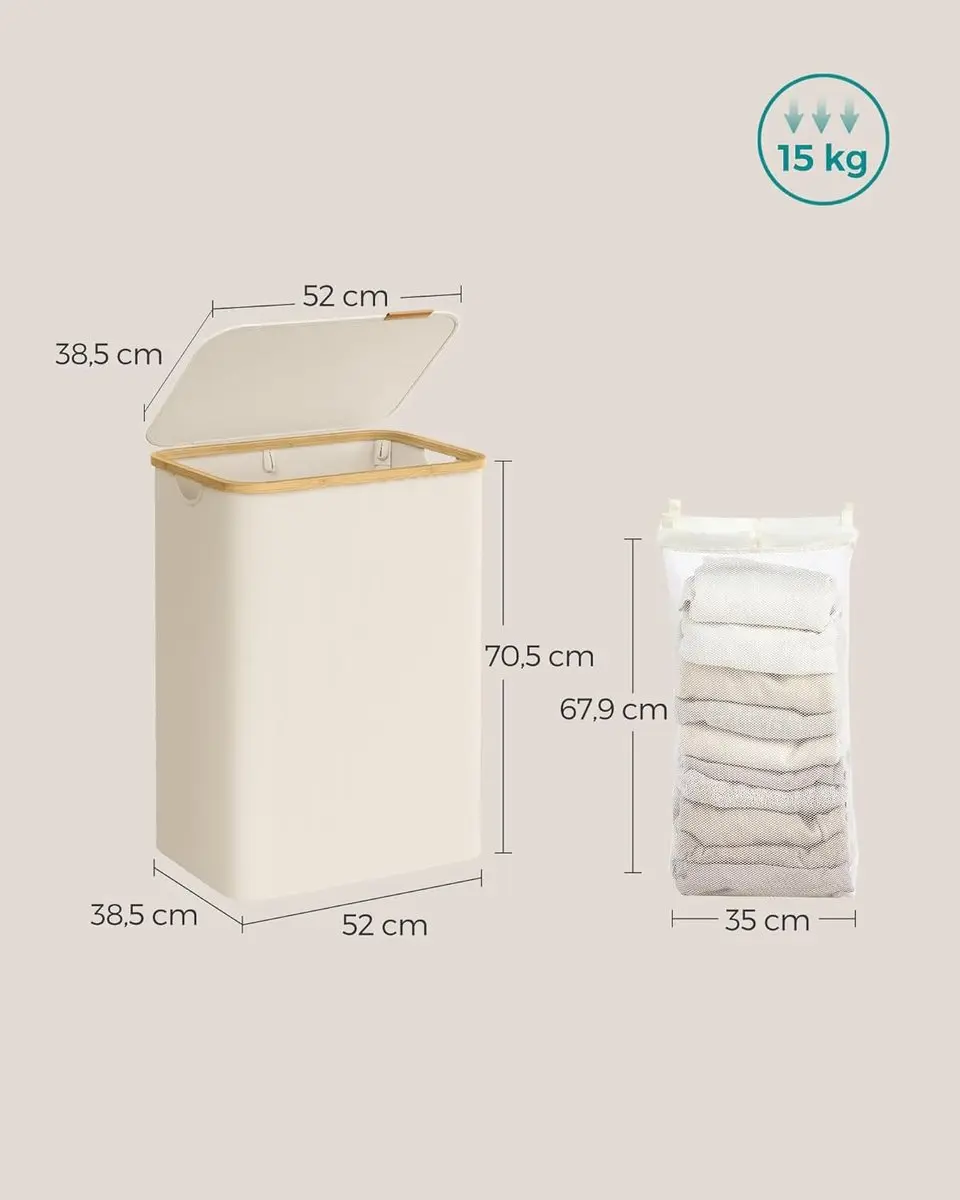 Songmics LCB513W01 Wasmand met deksel 130L - 2 vakken - Crèmewit