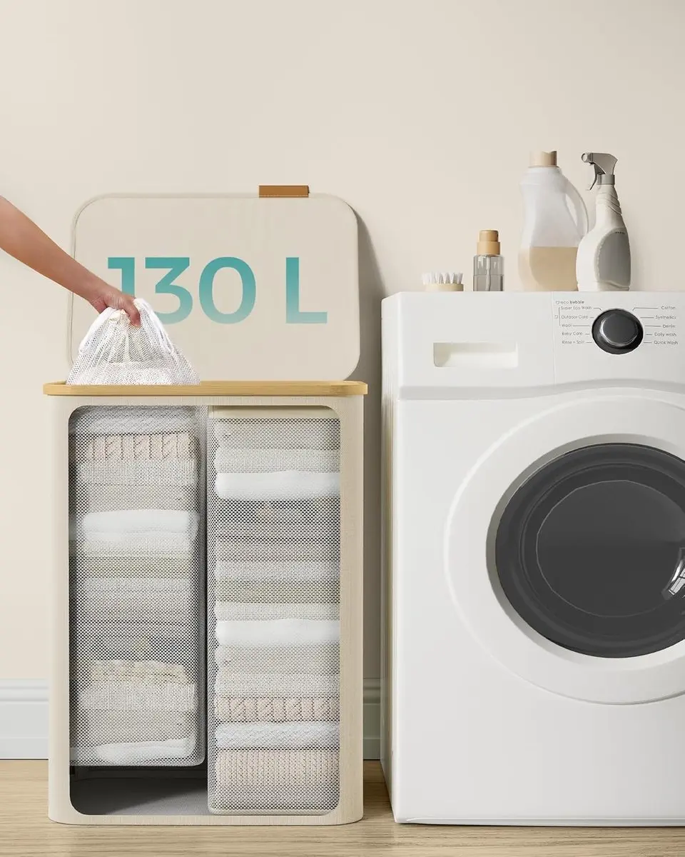 Songmics LCB513W01 Wasmand met deksel 130L - 2 vakken - Crèmewit