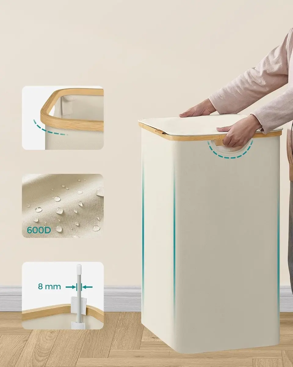 Songmics LCB513W01 Wasmand met deksel 130L - 2 vakken - Crèmewit - afbeelding 6 van 6