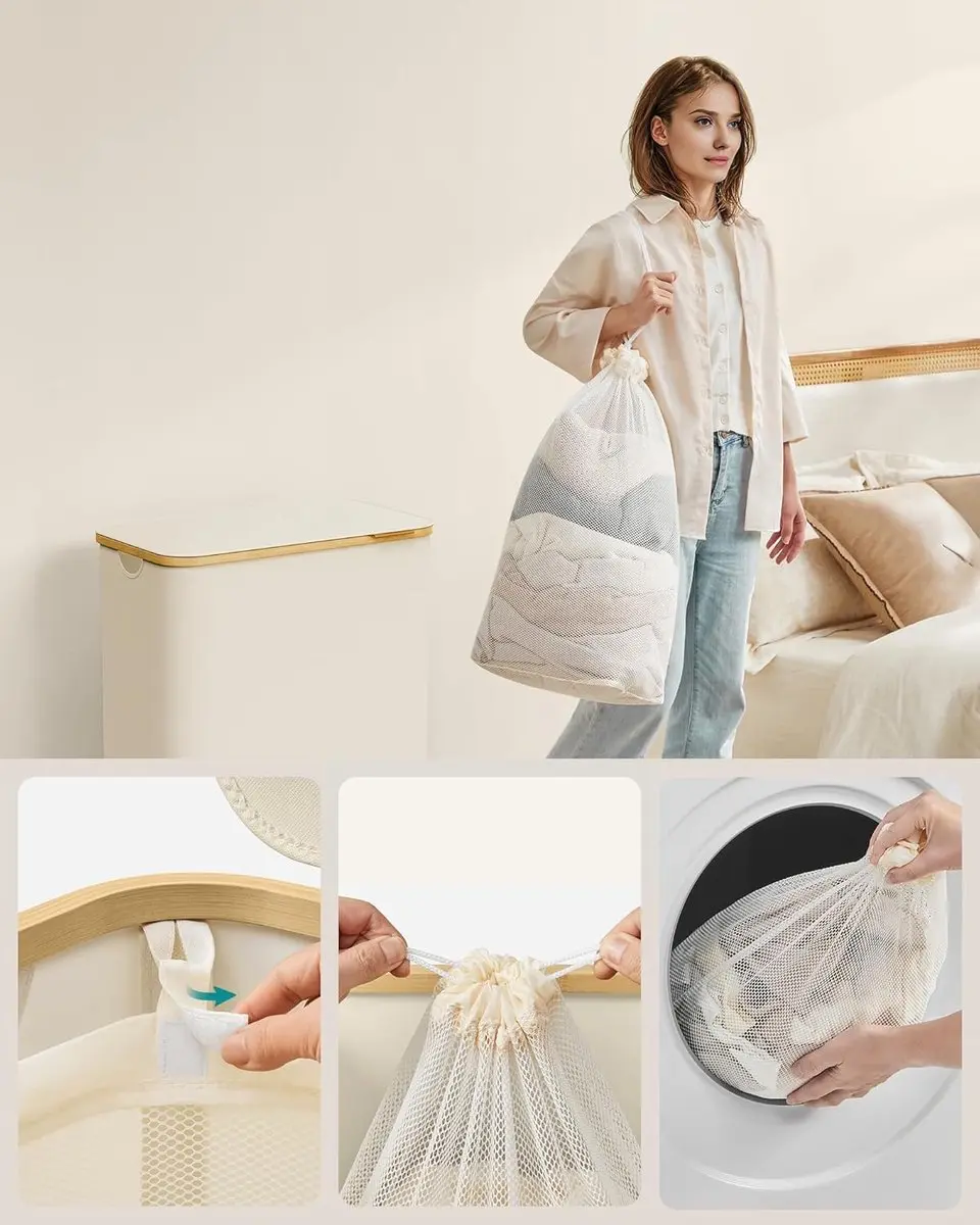Songmics LCB513W01 Wasmand met deksel 130L - 2 vakken - Crèmewit