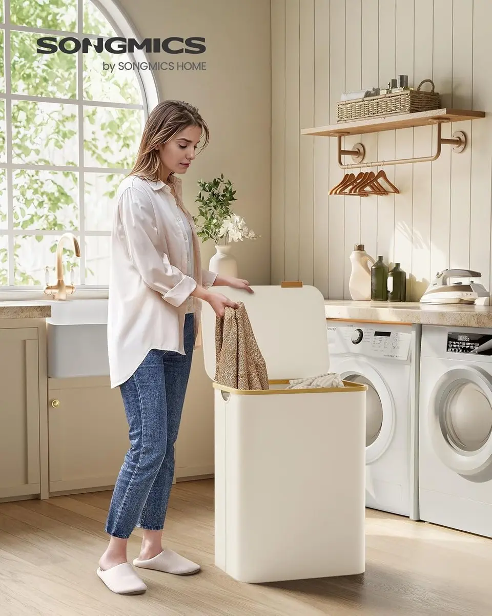 Songmics LCB513W01 Wasmand met deksel 130L - 2 vakken - Crèmewit