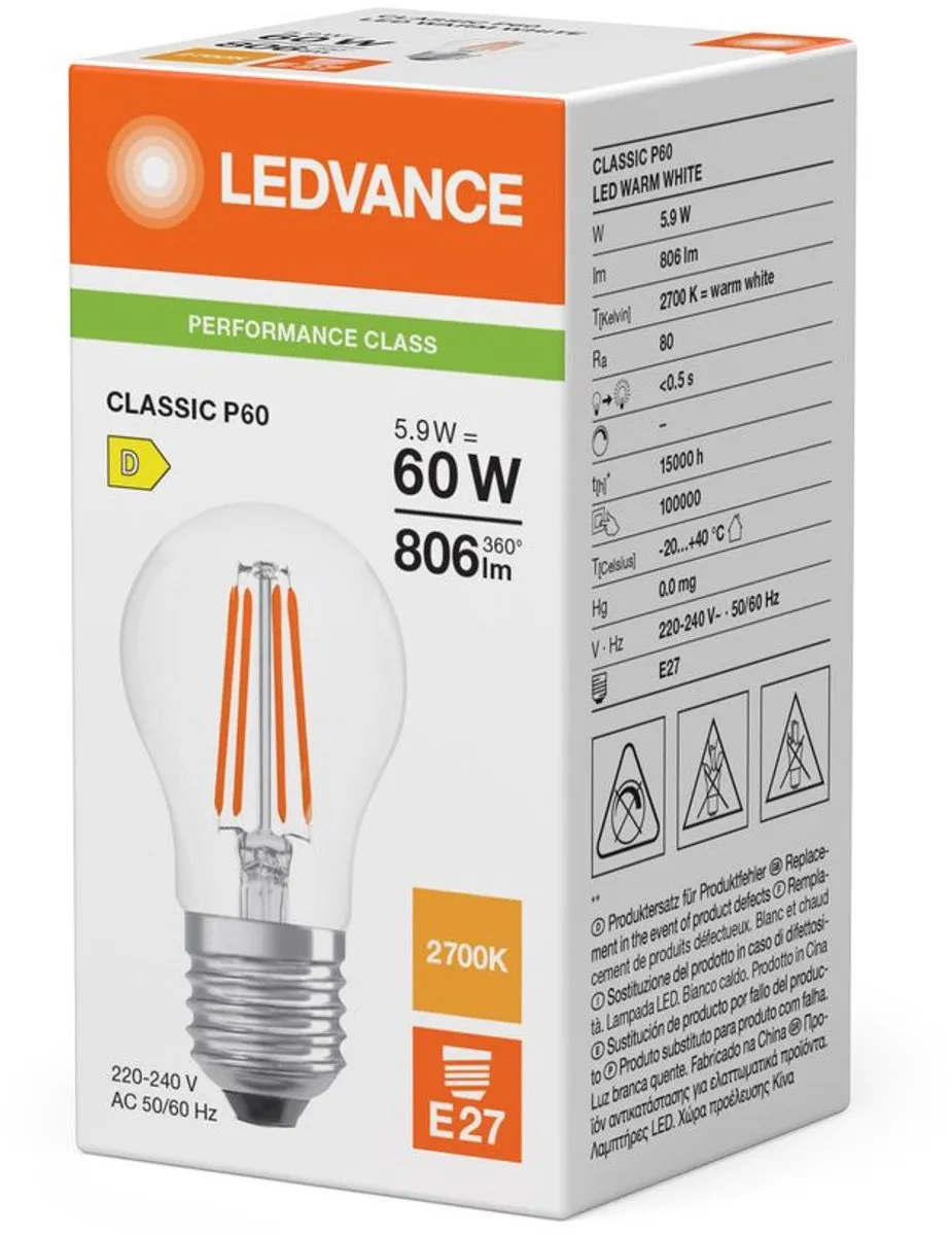 LEDVANCE LED Classic P45 E27 5.9W 806lm Warm Wit