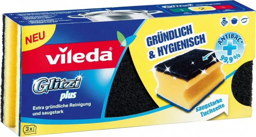 Vileda Glitzi Plus Schuursponsjes - 3 Stuks - Zwart/Blauw