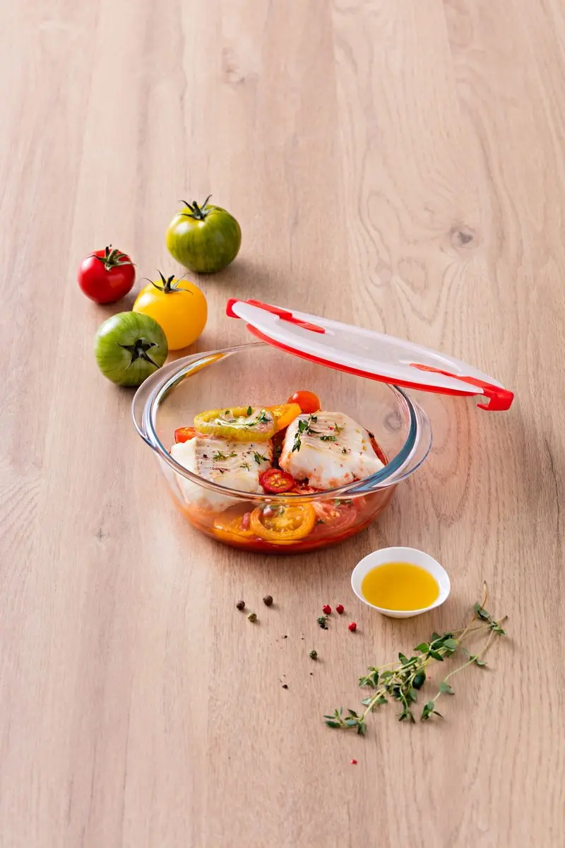 PYREX Cook & Heat Schaal Rond 1,1L Set - 3 Stuks - Rood/Transparant/Wit