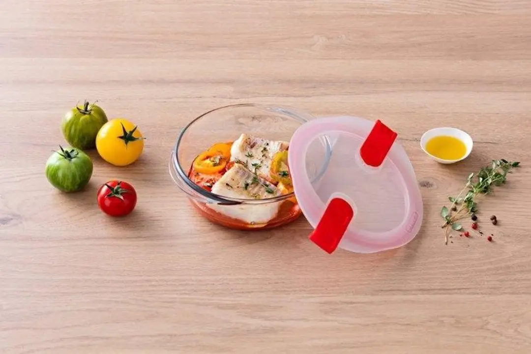 PYREX Cook & Heat Schaal Rond 1,1L Set - 3 Stuks - Rood/Transparant/Wit