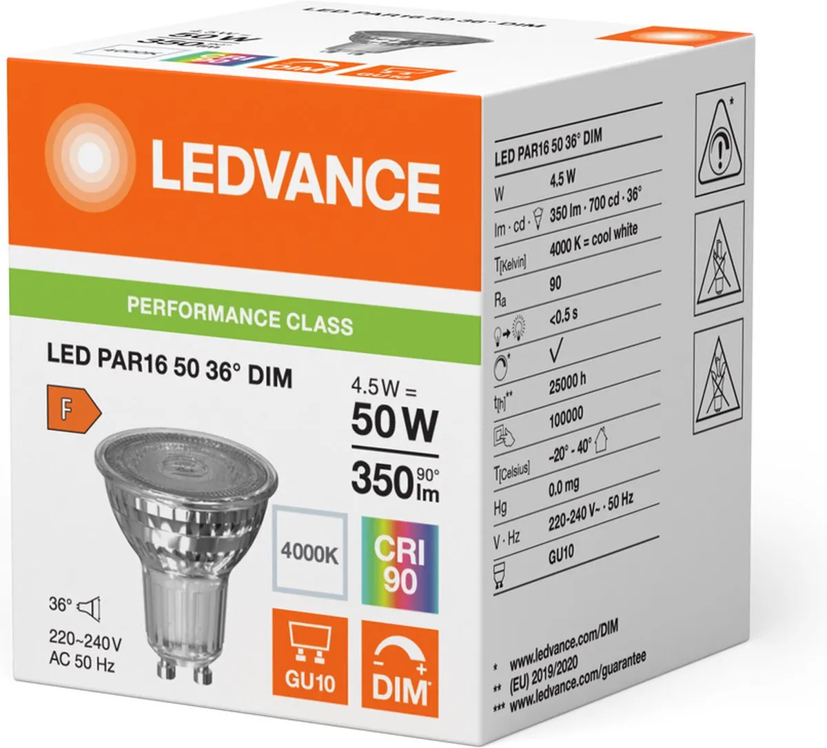 LEDVANCE Performance GU10 PAR16 4.5W 350lm - Koel wit 3000K