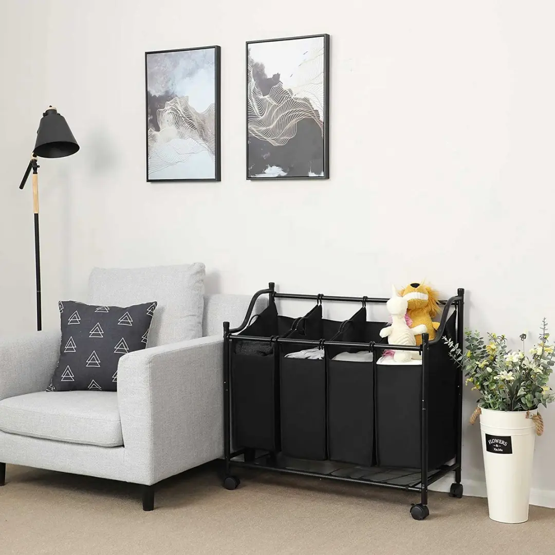 Songmics XL Wassorteerder 104L - 4 Zakken - Zwart