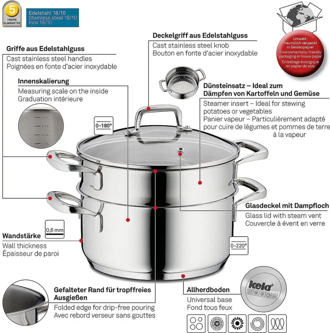 Kela Stoompan met Inzet RVS 2,4L - Ø20cm - Zilver - afbeelding 6 van 6
