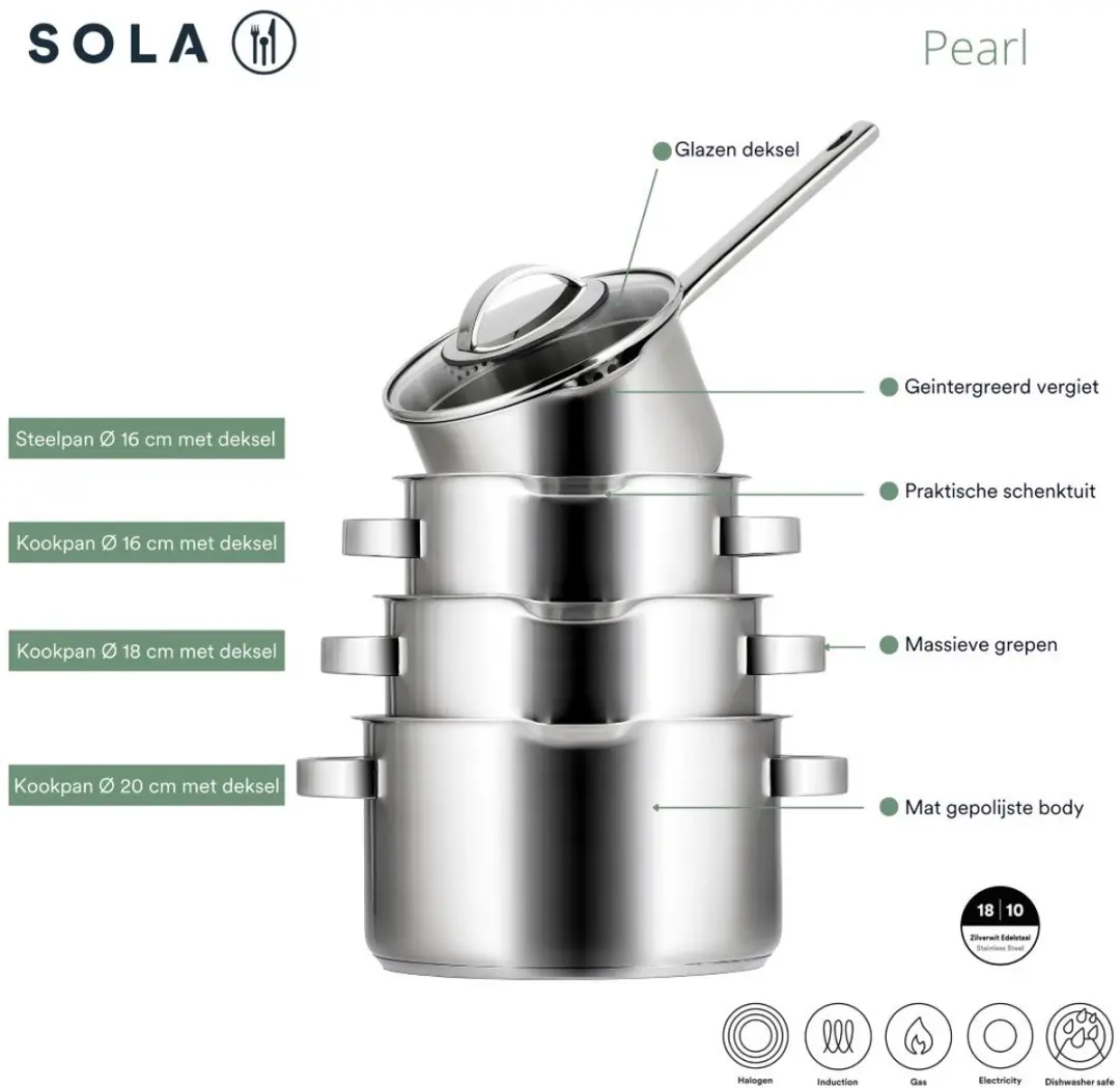 Sola Pearl 5-delig Pannenset RVS - ø16cm/20cm/24cm/28cm/32cm