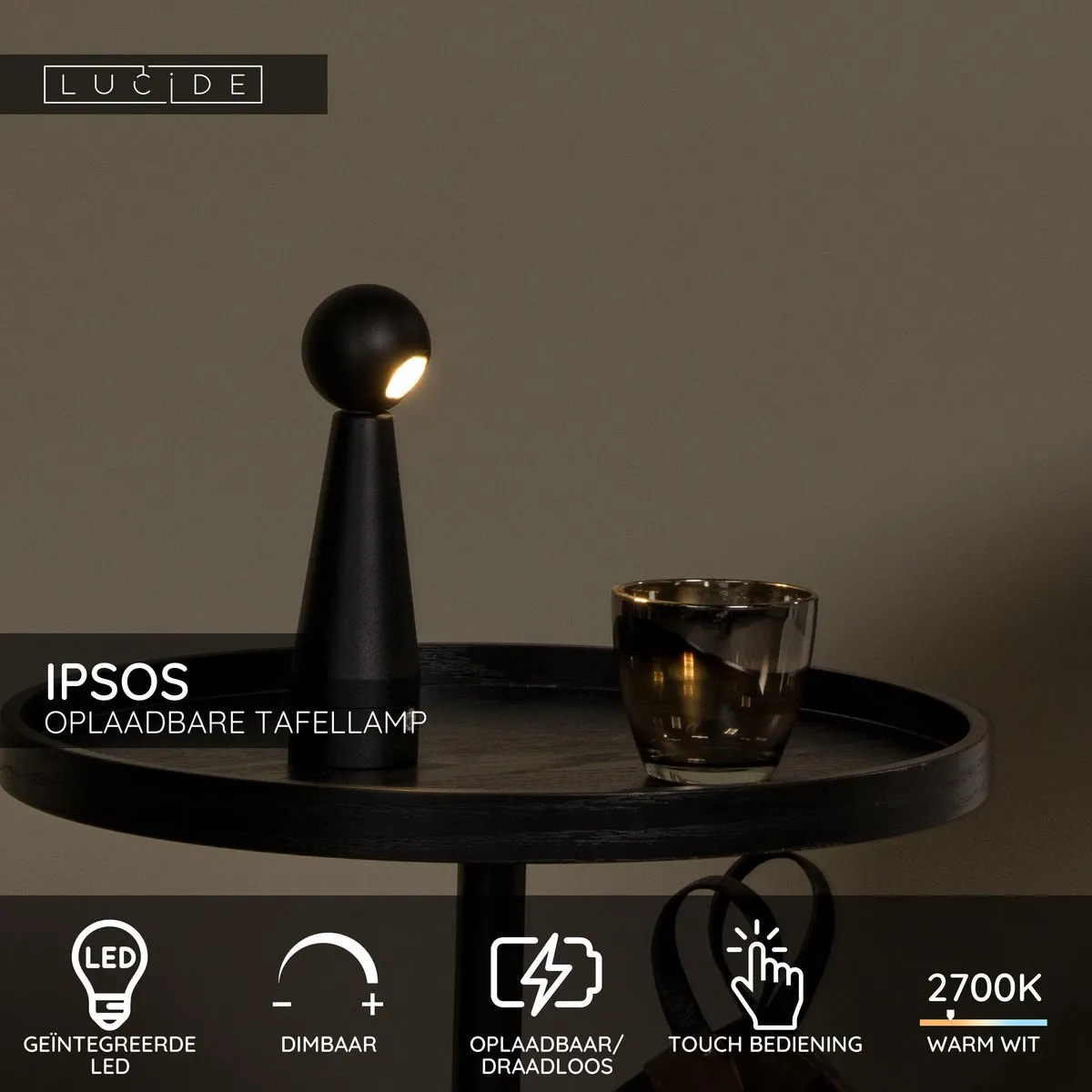 Lucide IPSOS - Oplaadbare Tafellamp - Accu/Batterij - LED Dimbaar - 1x3W 2700K - Zwart