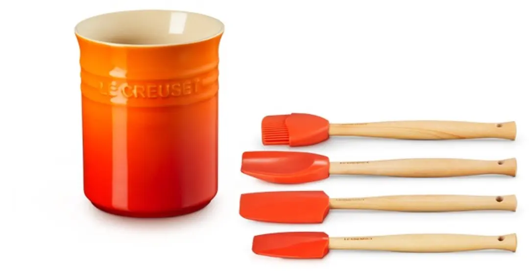 Le Creuset Aardewerken Spatelpot met 4 Spatels - Oranjerood