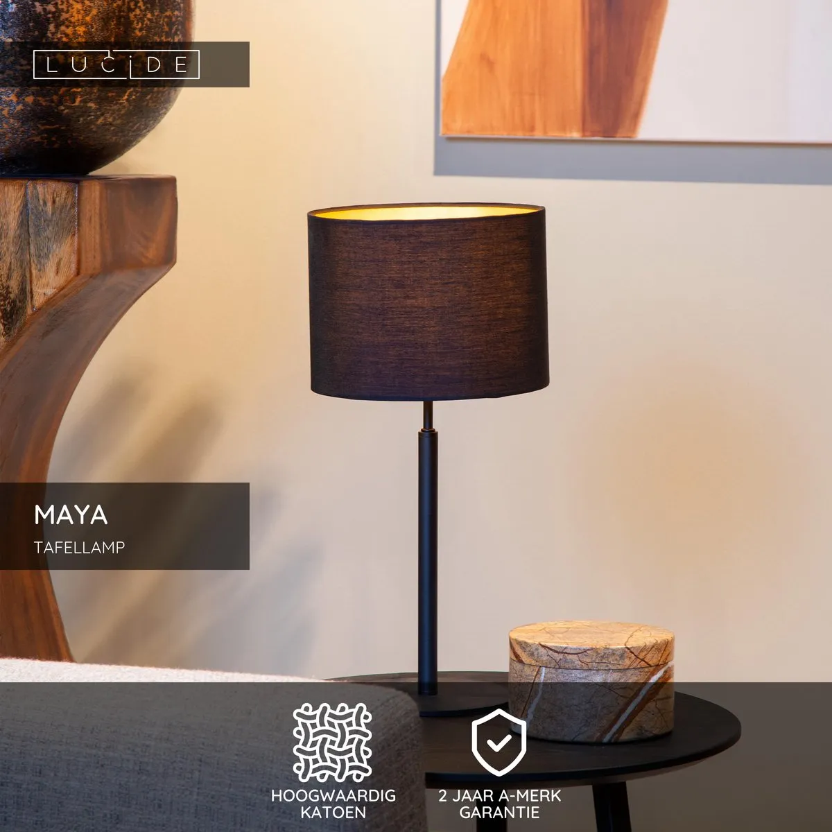 Lucide Maya Tafellamp Ø26cm - 1xE27 - Zwart