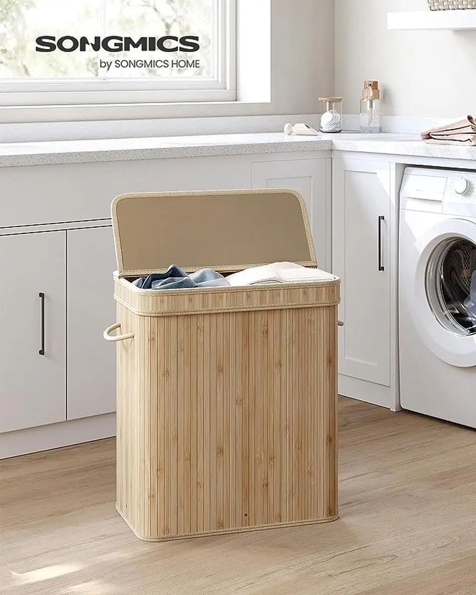 Songmics Wasmand met Deksel 100L - Bamboe Waszak - LCB063N01