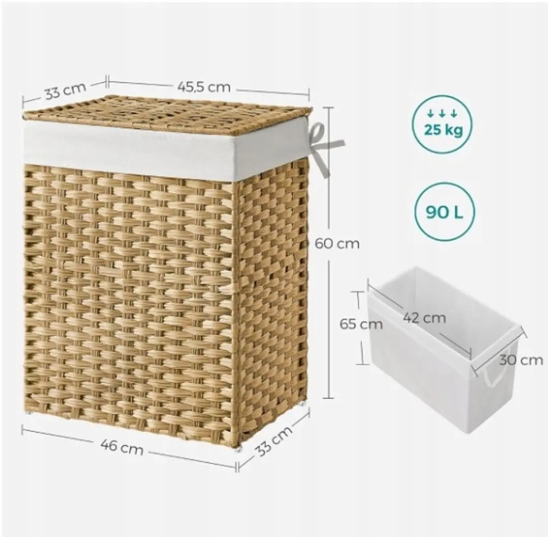 Songmics Wasmand Handgeweven Rattan 90L - Organizer met Deksel - afbeelding 6 van 6