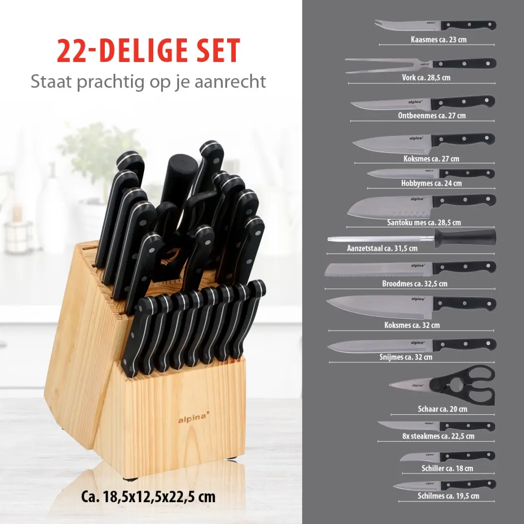 Alpina Messenset 22-delig - RVS Messen incl. Koksmes & Broodmes - Houten Messenblok