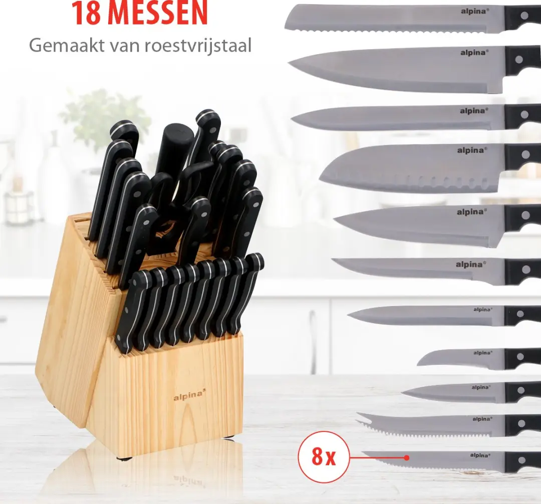 Alpina Messenset 22-delig - RVS Messen incl. Koksmes & Broodmes - Houten Messenblok