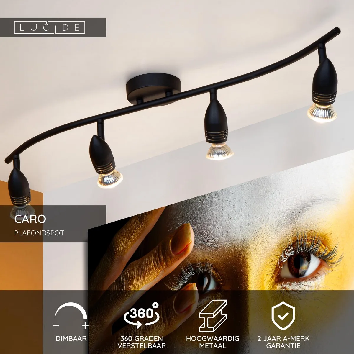 Lucide CARO Plafondspot 4xGU10 - Zwart