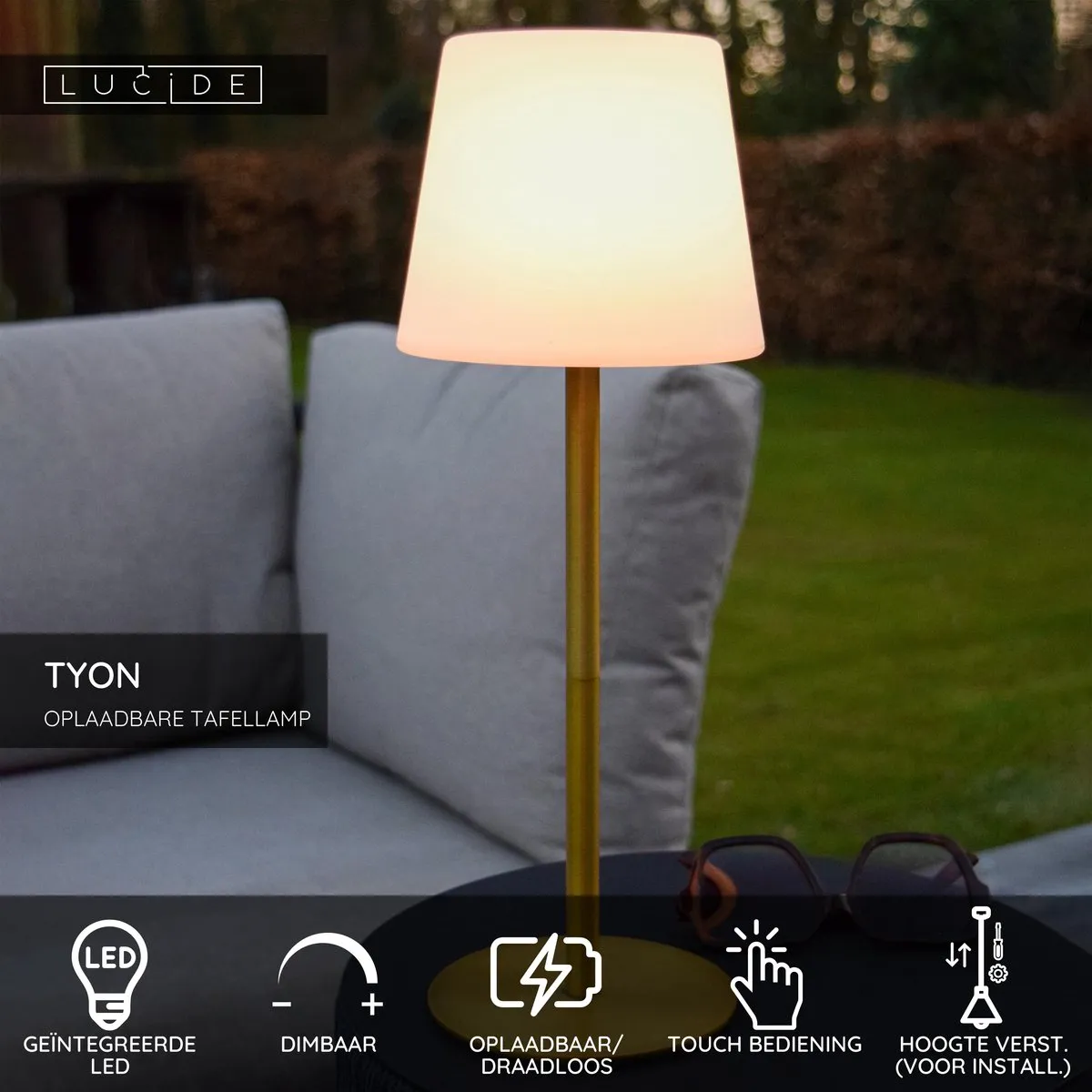 Lucide TYON Oplaadbare Tafellamp - Ø15cm LED 2W 2700K - Mat Goud/Messing