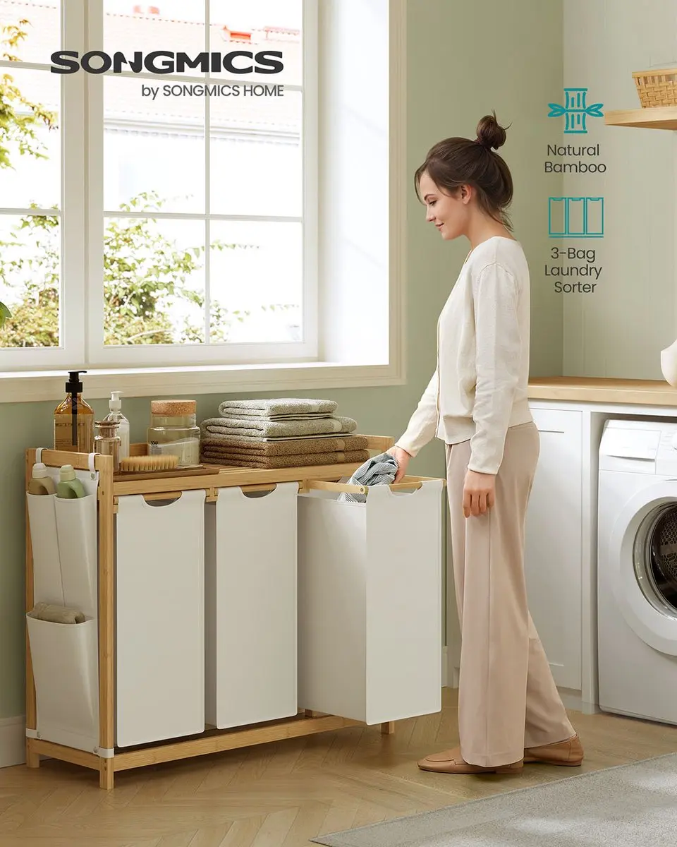Songmics Wasmand 3 Vakken 150L - 94x33x78cm Crèmewit
